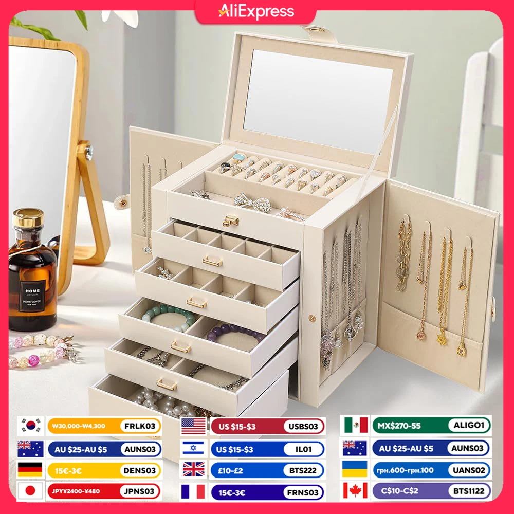 6-Layer Jewelry Box for Women,Large Jewelry Organizer with Drawer | Faux Leather,Built-in Mirror,Spacious Jewelry Storage