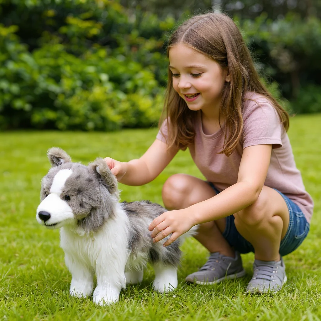 リアルなボーダーコリーのぬいぐるみ、非常に詳細で柔らかく抱き心地の良い、慰めるおもちゃ、子供へのプレゼント