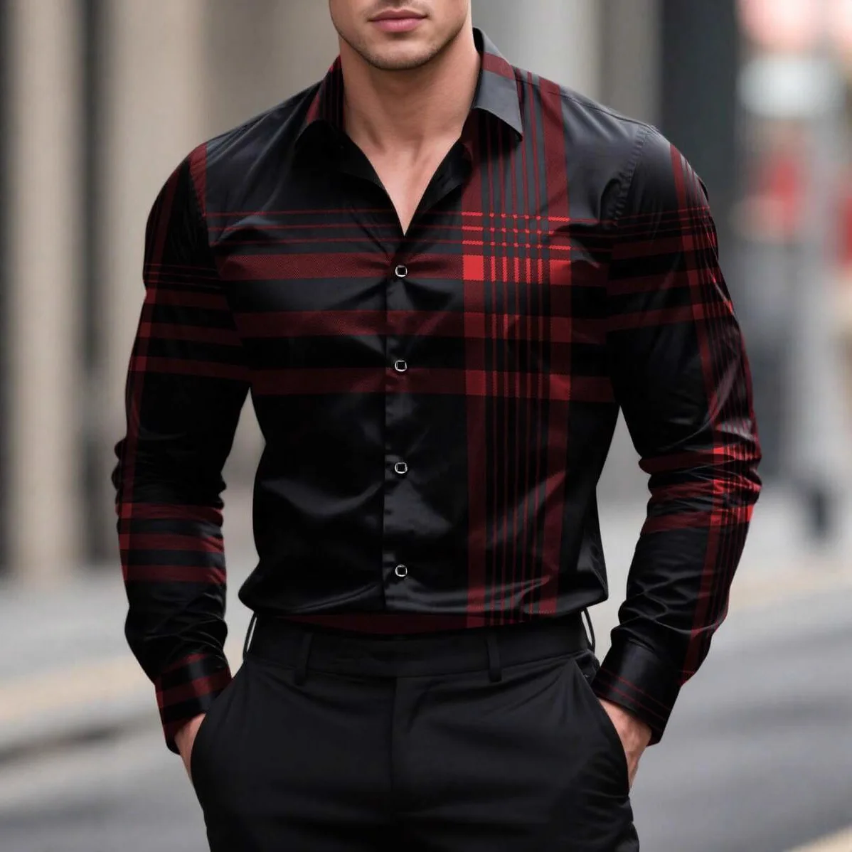 Autumn Men's Long Sleeve Plaid Shirt Casual Fashion Versatile 3D Printed Shirt