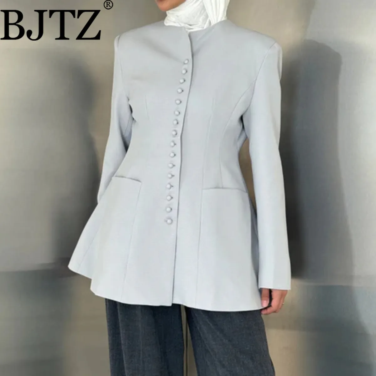 

BJTZ O-neck Solid Color Single Breasted Tie-waist A-line Blazer Jacket For Woman 2025 Spring Autumn New Long Sleeve Female Top