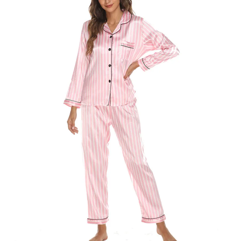 Ladies Pyjamas Loungewear Set Striped Cardigan Long Sleeve Long Trousersschool Pajamas Large Size Cardigan Pink Trousers Pyjama