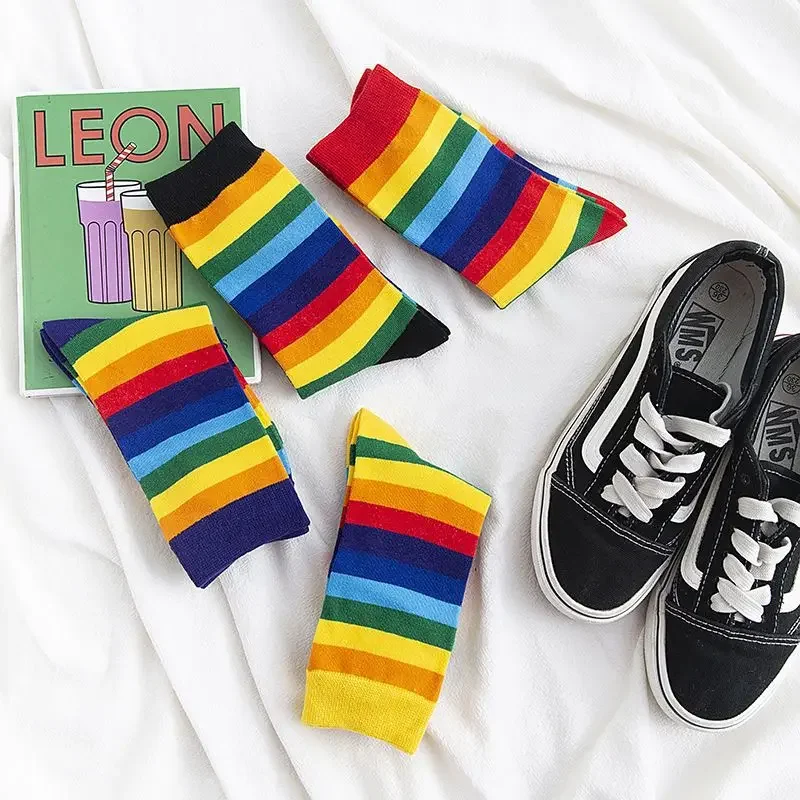 Rainbow socks female Korean version medium tube versatile ins super  style Internet celebrity student striped color stockings