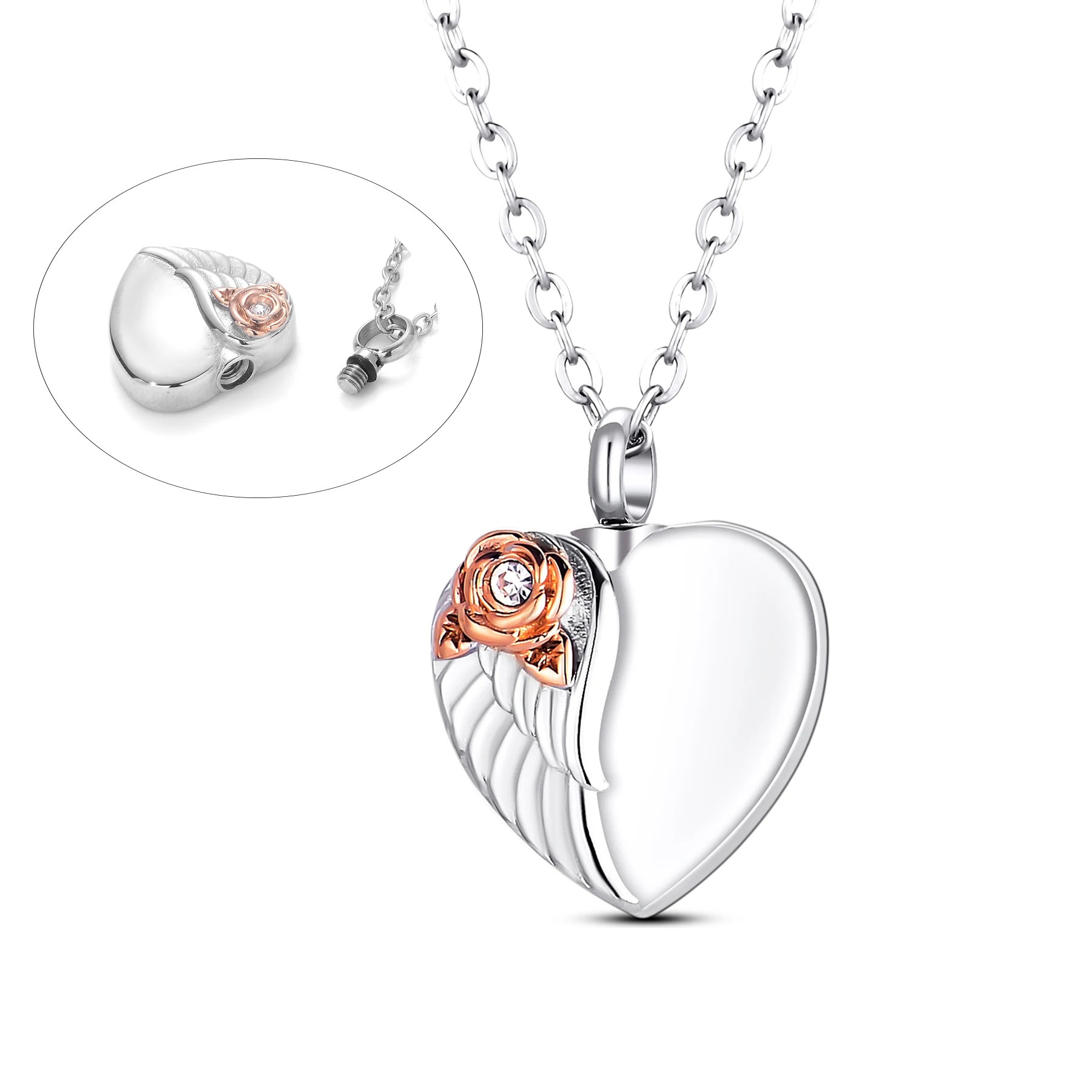 

Stainless Steel Angel Wing With Rose Heart Cremation Urn Necklace Keepsake Memorial Pendant For Ash Customize Jewelry Gift