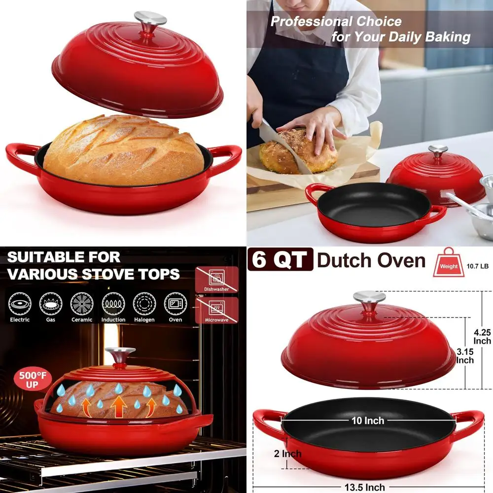 

Enameled 6-Quart Dutch Oven Pot for Sourdough Bread Baking, Tall Dome Lid, Round Base, Self-Basting, Even Heating, Heavy-Duty, N