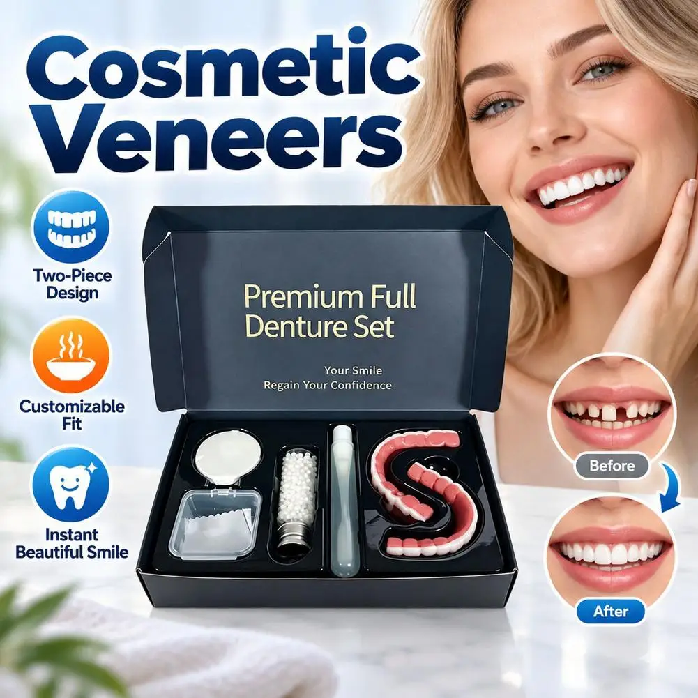 Professional Complete Full Mouth Denture Set (Upper & Lower) Instant Smile Veneers Natural-Looking Portable for Comfortable Fit