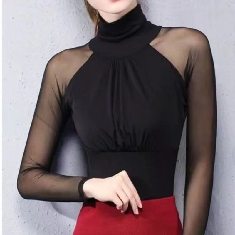 

Mesh Turtleneck T-shirts Women Retro Summer Temperament Slim Lady Sheer Fashion Solid Korean Style Simple All-match Long Sleeve