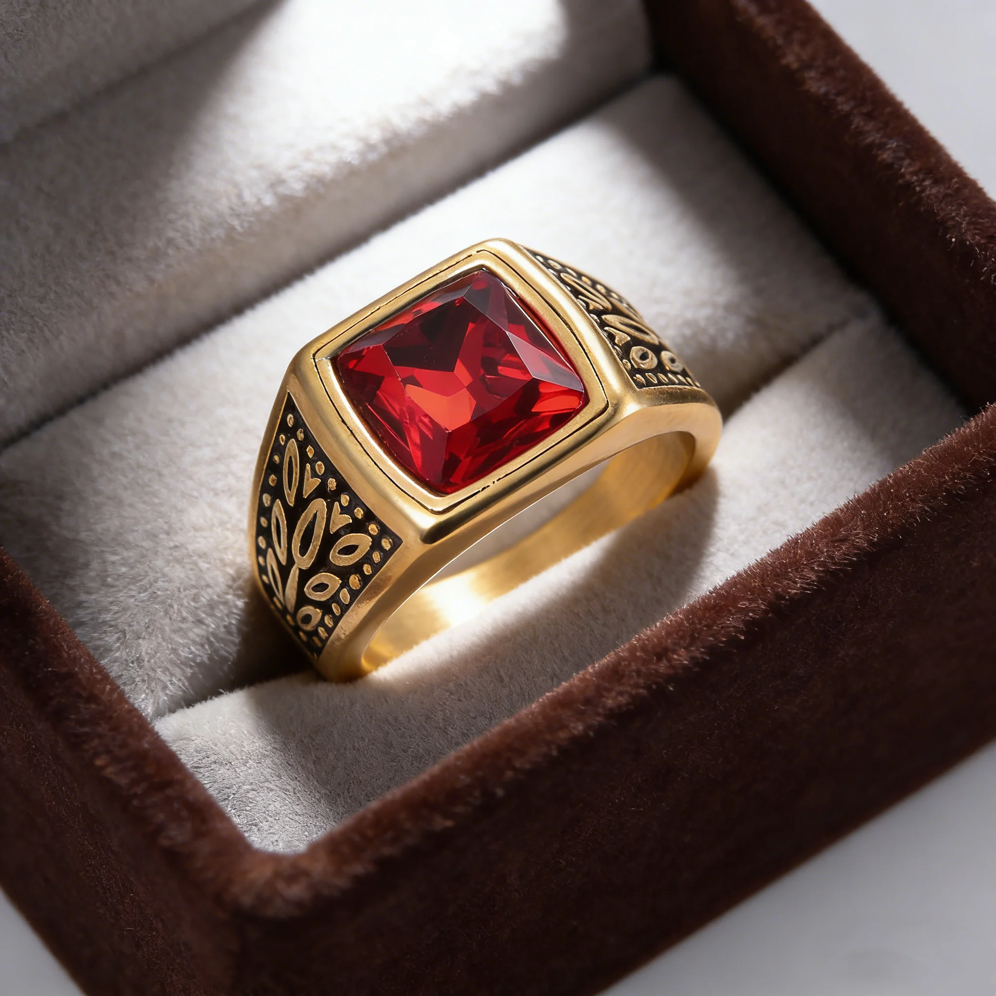 SDA Stainless Steel Red Stone Rings Men Cool Punk Square Vintage Freemasonry Ring Class Rings for Man Jewelry for Bar Party
