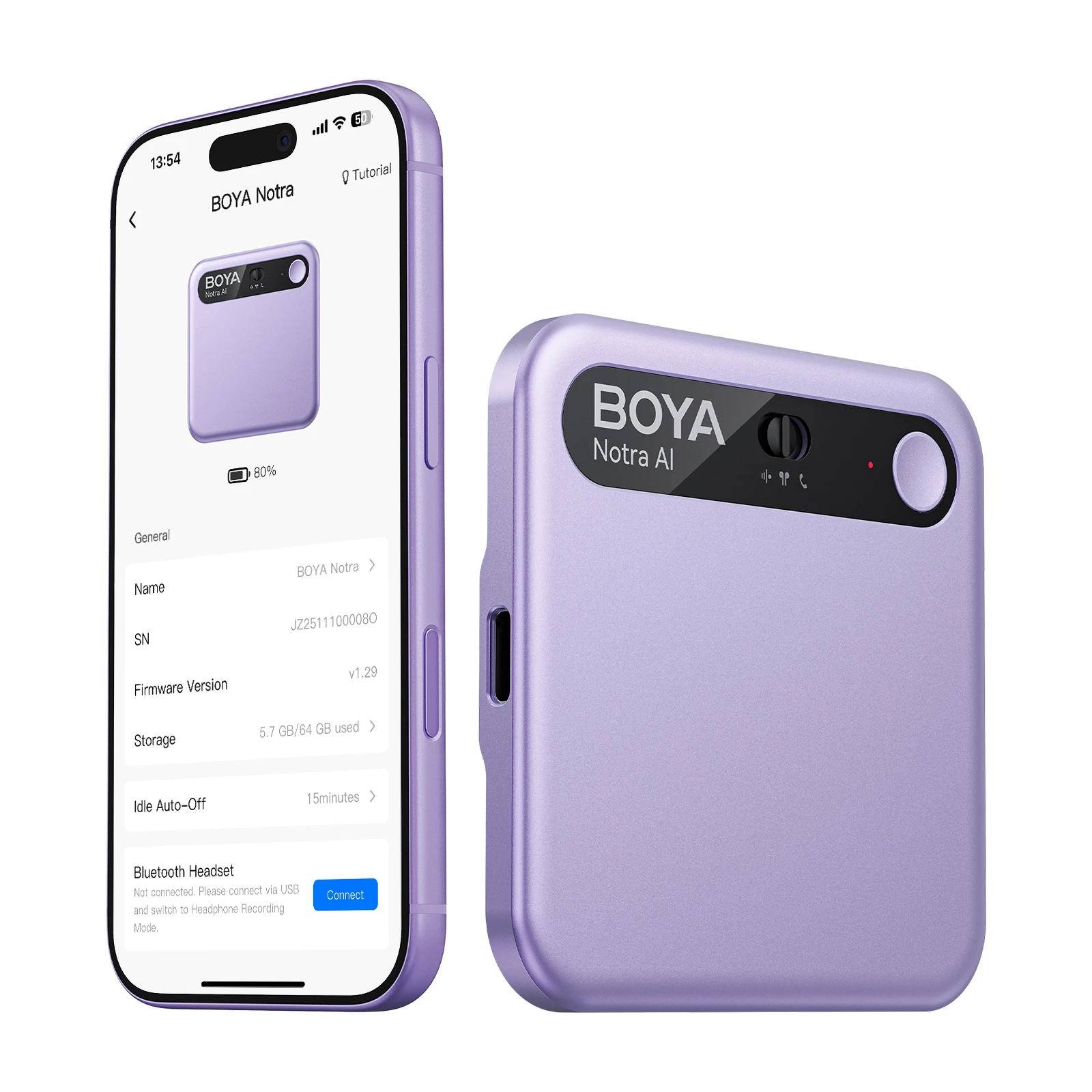 BOYA Notra 64GB Professioneel AI-opnameapparaat, meertalige AI-transcriptie slimme oproeprecorder voor conferenties & interviews