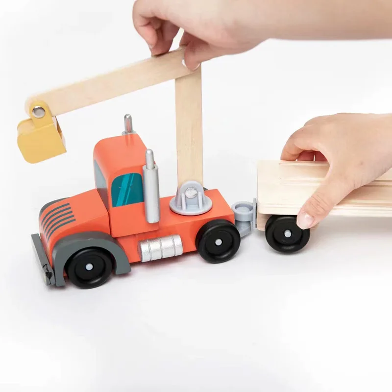 Vehículos de sitio de construcción, Carrier Boys Engineering Car Model Excavating Earth Roller Lifting Truck, bloques de construcción, juguetes de madera