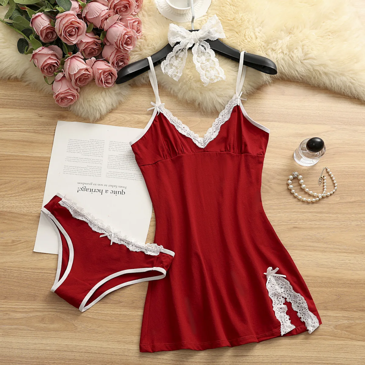 

Sexy sleepwear pure cotton suspender sleepwear set with underwear cute lace nightgown slit edge sexy and sexy lingerie