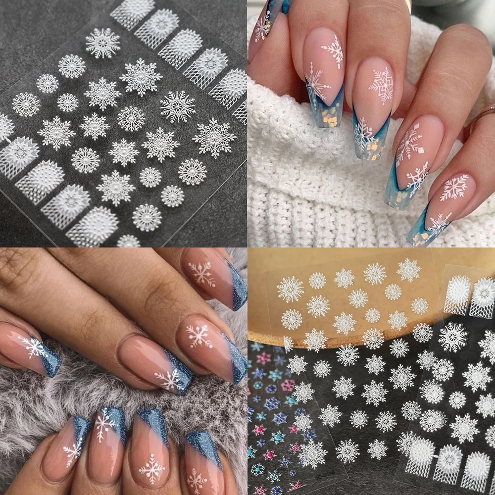 5D große Weihnachts-Schneeflocken-Nagelaufkleber, geprägte weiße Schneeflocken, selbstklebende Nagelkunst-Abziehbilder, Maniküre, Winter, Weihnachtsschieber
