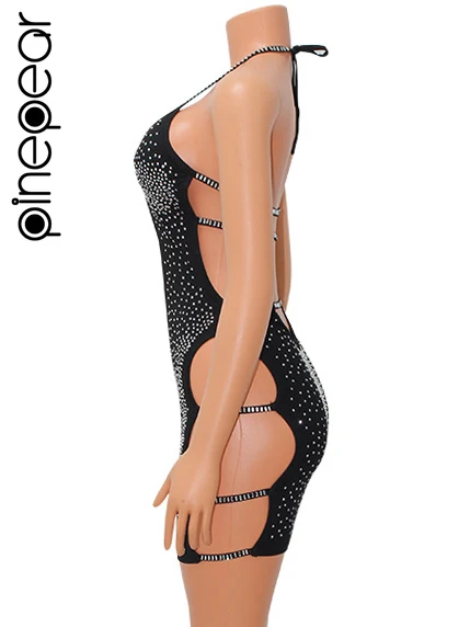 Ananas Frauen glänzend Luxus Diamant Halfter tiefen V-Ausschnitt rücken frei Mini kleid 2024 Sommer sexy aus geschnitten Bandage Geburtstags feier Kleid