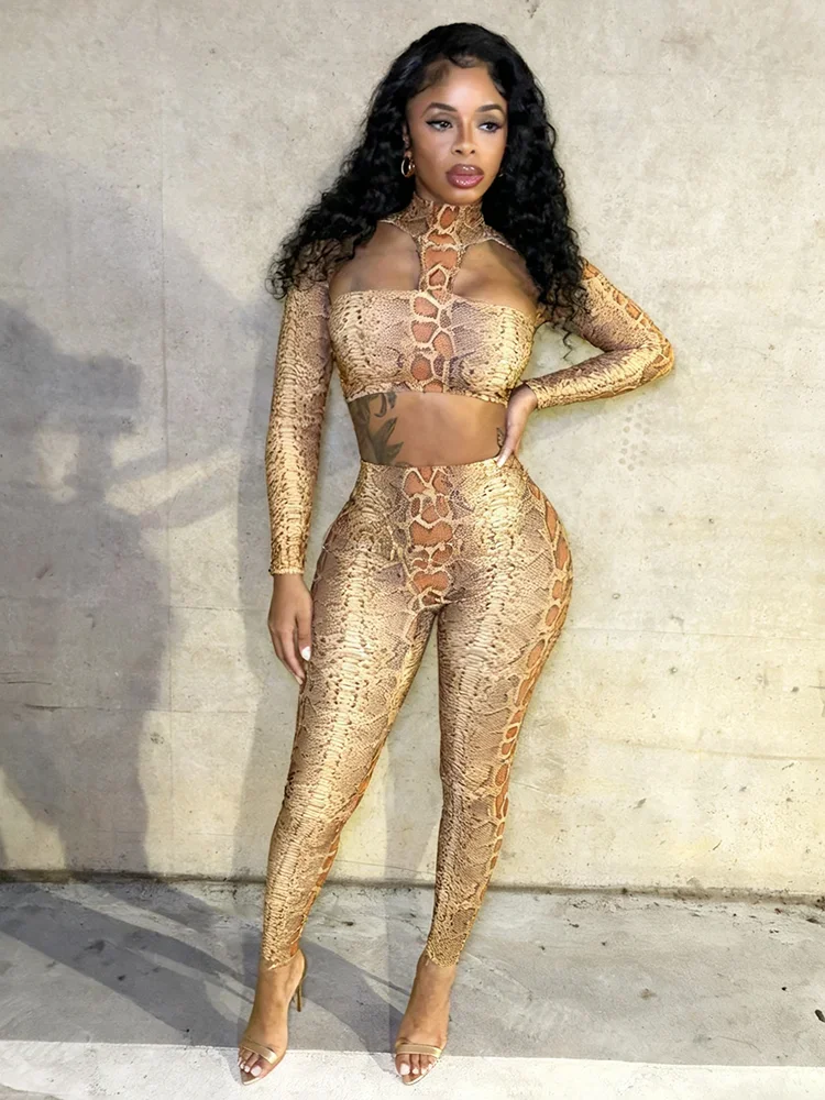 Leosoxs Hipster Snake Print Set da 2 pezzi Donna Hollow Backless Petto avvolto Crop Top + Leggings Sexy Stretch Clubwear Outfit
