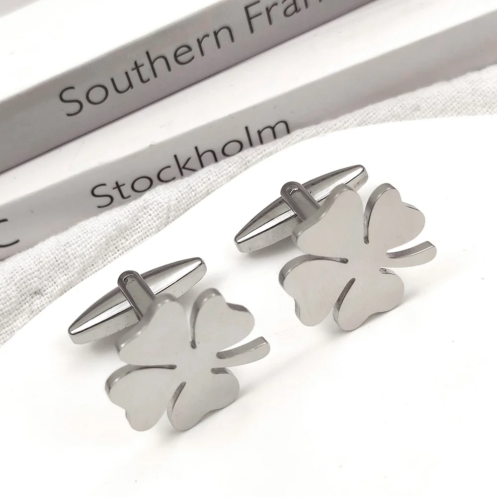 Stainless Steel Four-leaf Clover Cufflinks for Men Cuffs Buttons Lucky French Shirt Cuff Links New Men\'s Suit Accessories Gifts