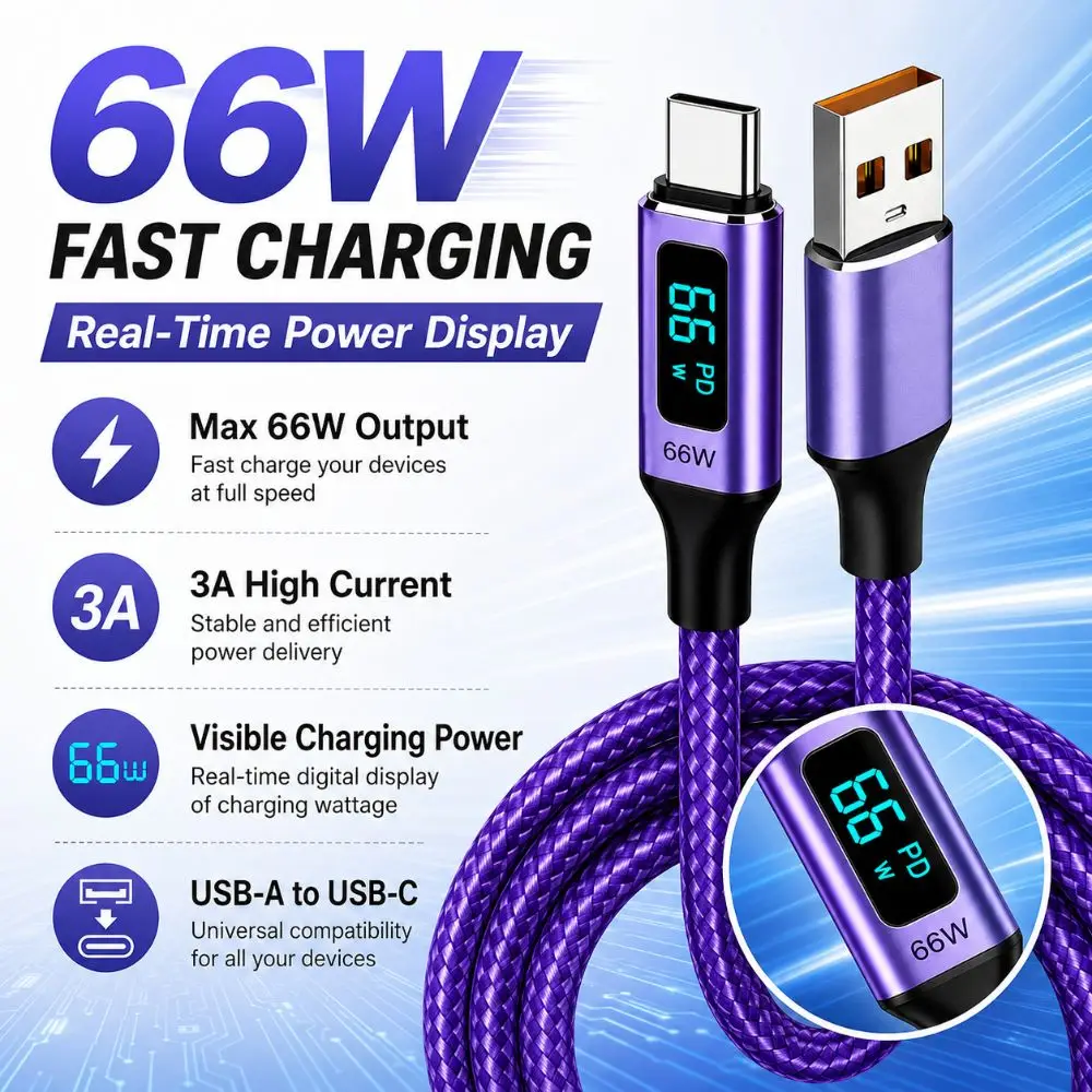 66W USB-A to USB-C Cable Nylon Braided Real-Time Display Braided Charging Line Data Transfer 3A Fast Charging Data Cable
