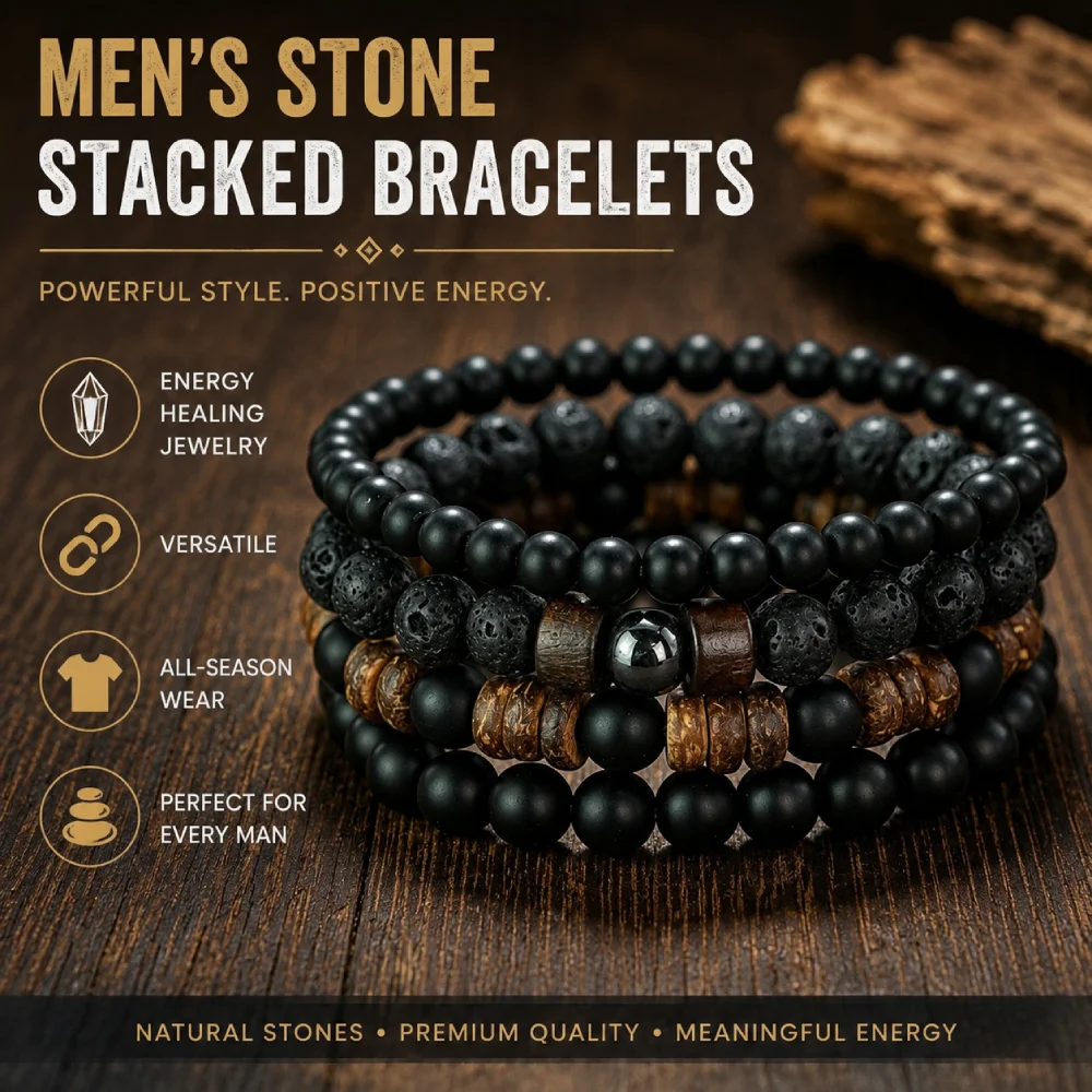 Noter 4-teiliges Set Stapelbare Herren-Armbänder aus Natürlicher Kokosnuss-Schale, Holzperlen-Armband, Lava-Hämatit-Stein, Energie-Heilungs-Schmuck für Männer
