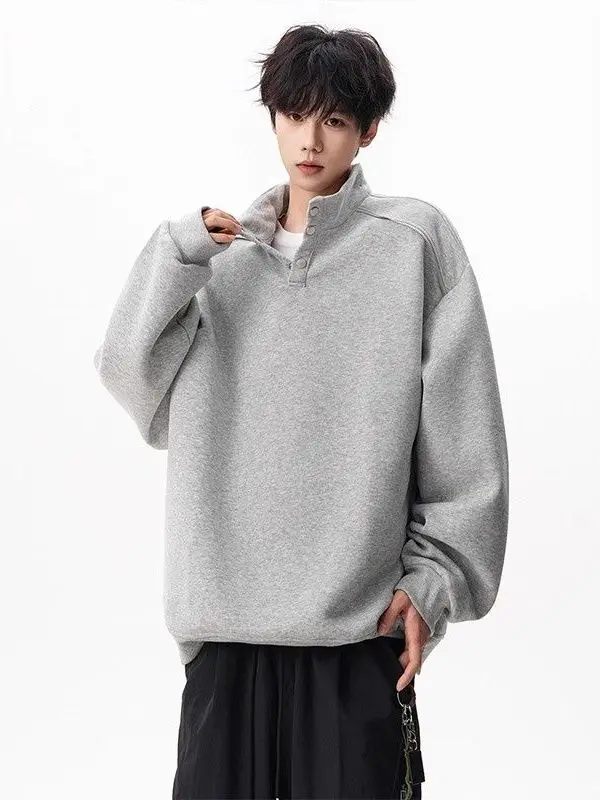 

Heavyweight American Casual Stand Collar Sweatirt Men's New Autumn Trendy Brand Button Design Casual Loose Sports Hoodie