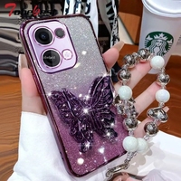 Glitter Plating Case for OPPO Reno 13 Pro 5G 13F Fundas 3D Butterfly Phone Holder Bead bracelet  Back Cover