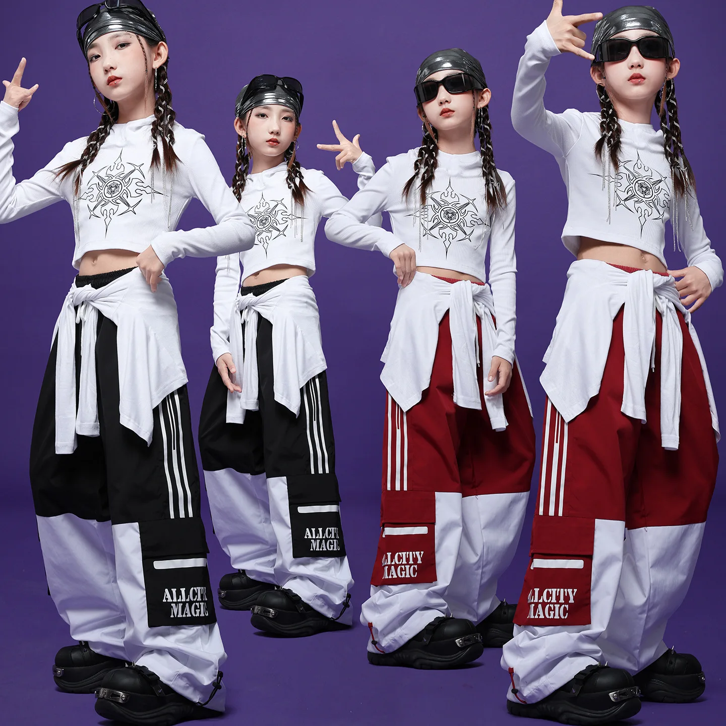 

Kid Kpop Hip Hop Clothing White Print Crop Hoodie T Shirt Top Red Black Striped Wide Pants for Girl Street Dance Costume Clothes