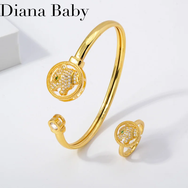 Diana Baby Zircon Ring Bangles Jewelry Sets For Women Punk Leopard Head Cuff Bracelet Gold Plated Female Party Birthday Gift