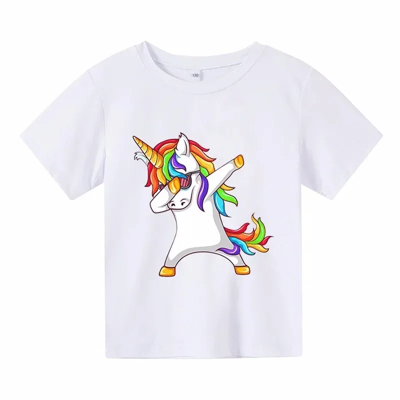white Unicorn Cartoon Girls T-shirt Birthday Name T-shirt Baby Boy Children Tops Kids cat horse Clothes