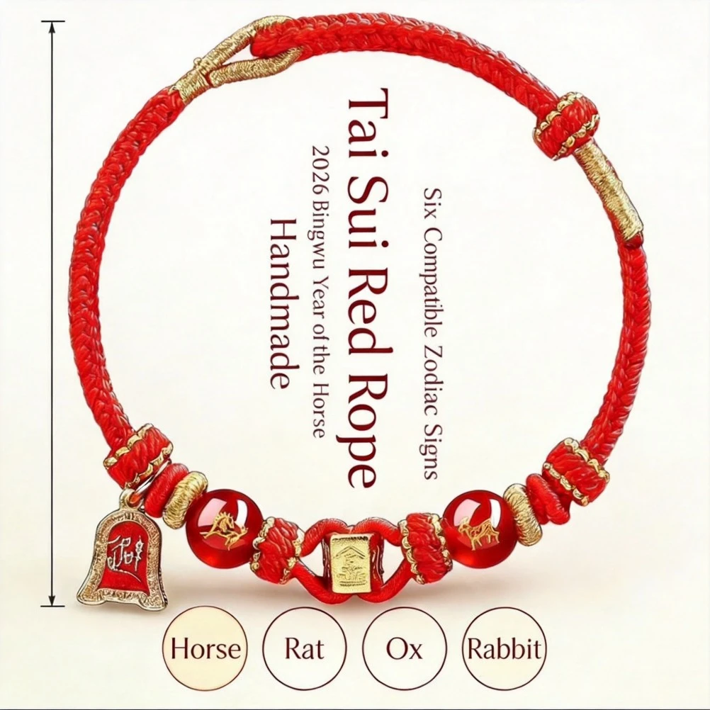 2026 Horse Year Tai Sui Protection Red String Bracelet Horse Rat Ox Rabbit Handmade Woven Mens Womens Lucky Daily Jewelry Gifts