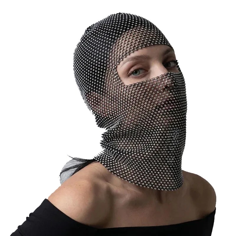 2026 Sommer Sexy Y2K Funkelnder Diamanten-Hut für Damen, Hohles Fischnetz-Strass-Kopftuch, Club-Rave-Party-Kopfmaske, Kopfbedeckung – Detail 2