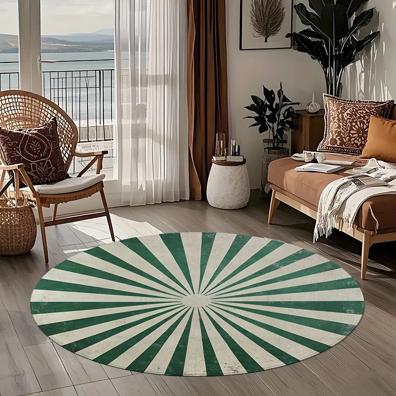 Green & White Circus Round Area Rug - 2D Printed Non-Slip Floor Mat for Living Room Bedroom & Office Decoration, 1PC