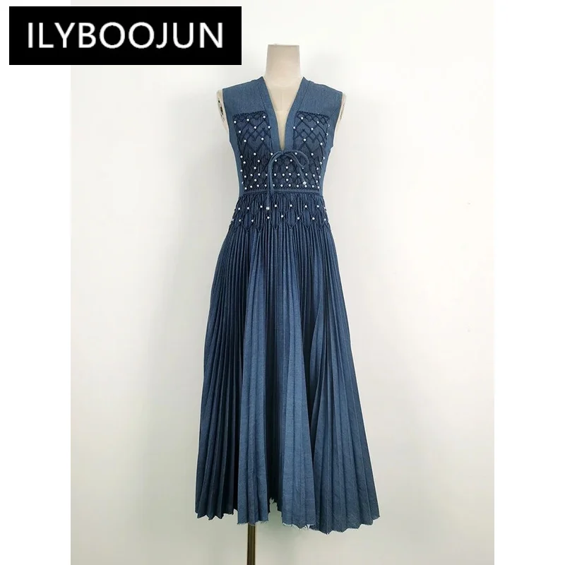 ILYBOOJUN Women\'s Fashion Dress V-neck Sleeveless Pleated Pearl Denim High Waist Female Elegant Dresses Summer 2024 New