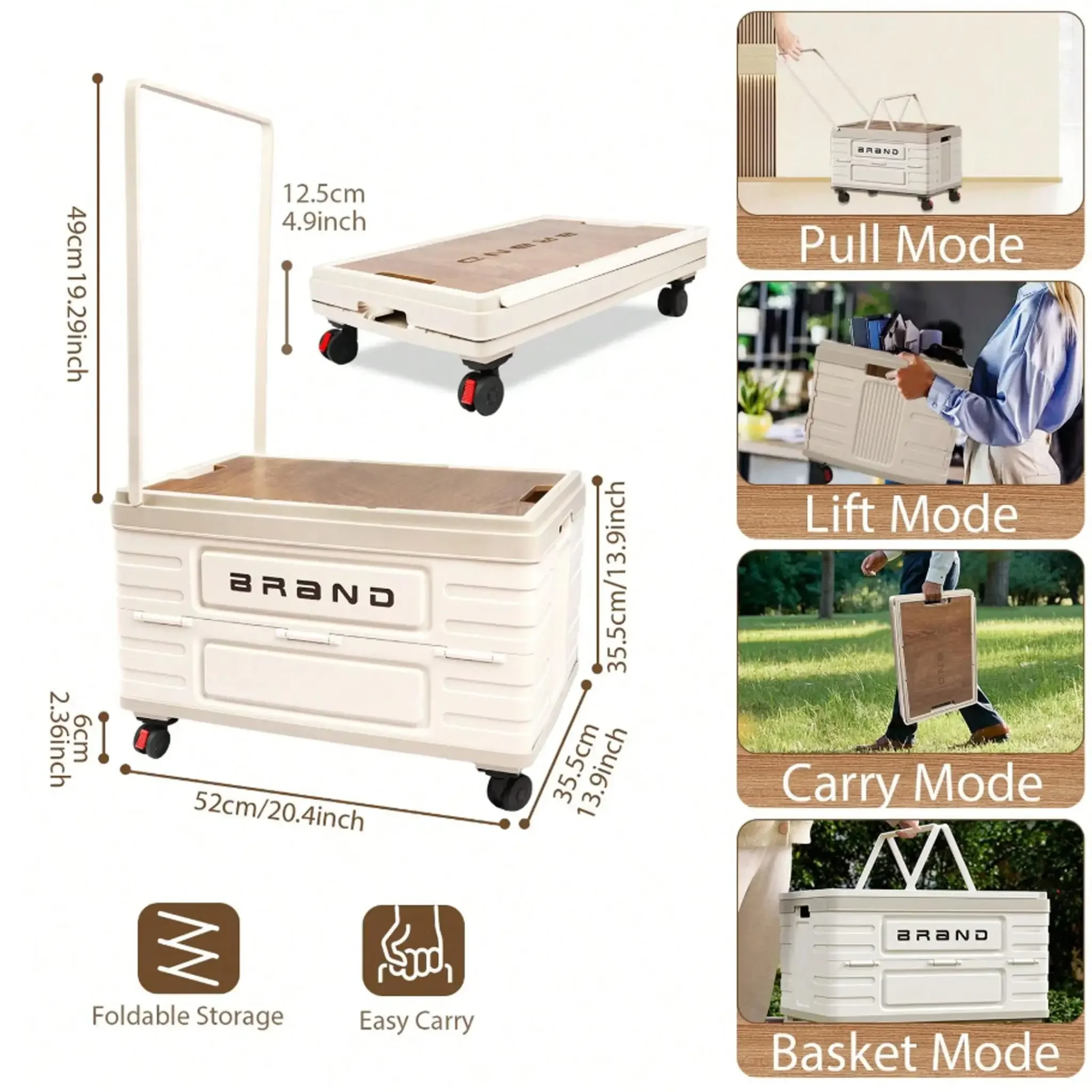 Foldable Rolling Storage Cart Collapsible Utility Shopping Trolley with Wooden Lid 360° Swivel Wheels Pull Handle Portable Plastic Organizer Bin Heavy Duty Crate for Grocery Camping Picnic Home Storage Moving Trunk Travel