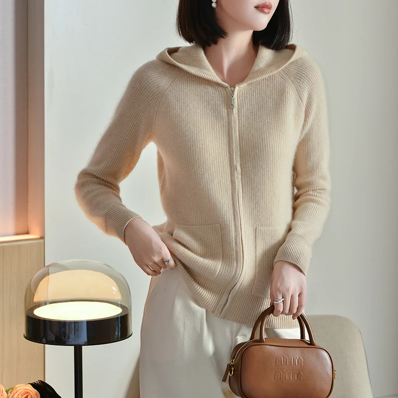 DjzDsm Autumn/Winter New 100% Wool Women's High Quality Thick Hooded Knitted Cardigan Solid Color with Pocket Design Sweater Top