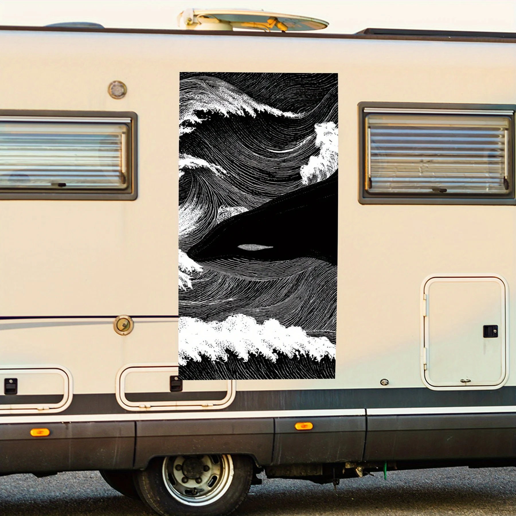 

Черный кит в завитках волнах, водонепроницаемая виниловая наклейка для автофургона, самоклеящиеся наклейки для украшения и защиты корпуса автофургона, Perfec