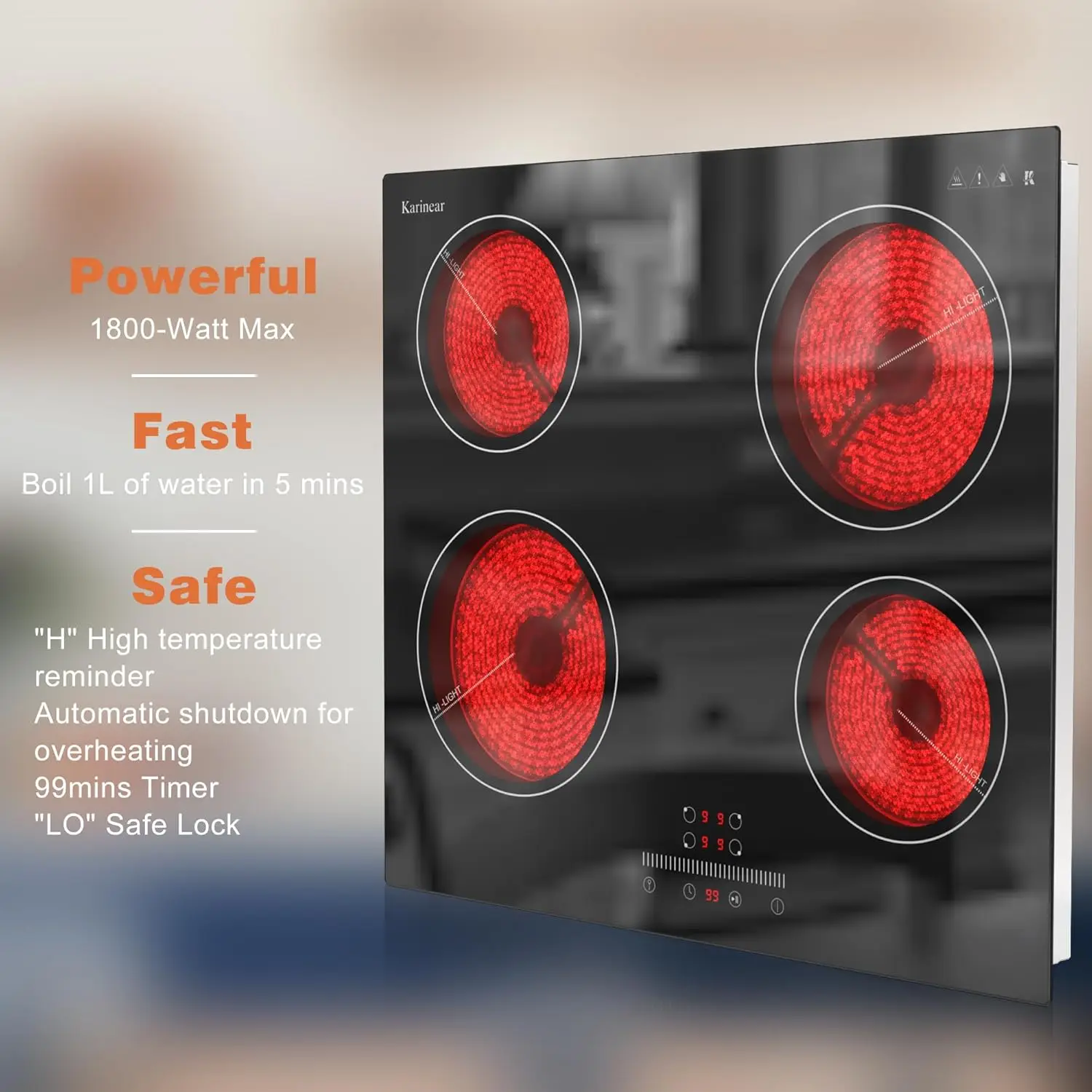 موقد كهربائي من السيراميك من كارينير 4 مناطق، مدمج 60 سم مع تحكم باللمس منزلق 6000 وات، وظيفة مع قفل أمان، بدون قابس، 230 فولت