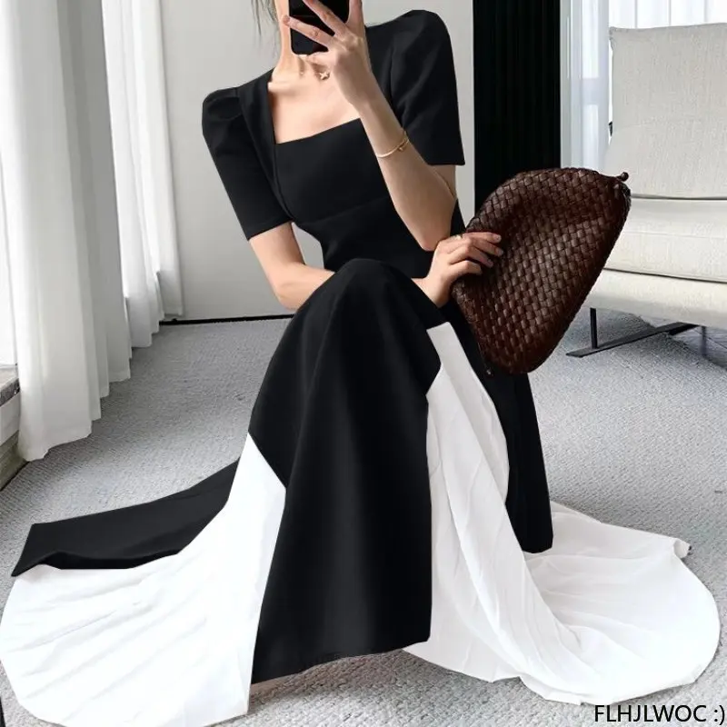 M-4XL Hot New Design Korea Style 2023 Women Elegant Office Lady A Line Fashion French Solid Square Neck Black Long Maxi Dress