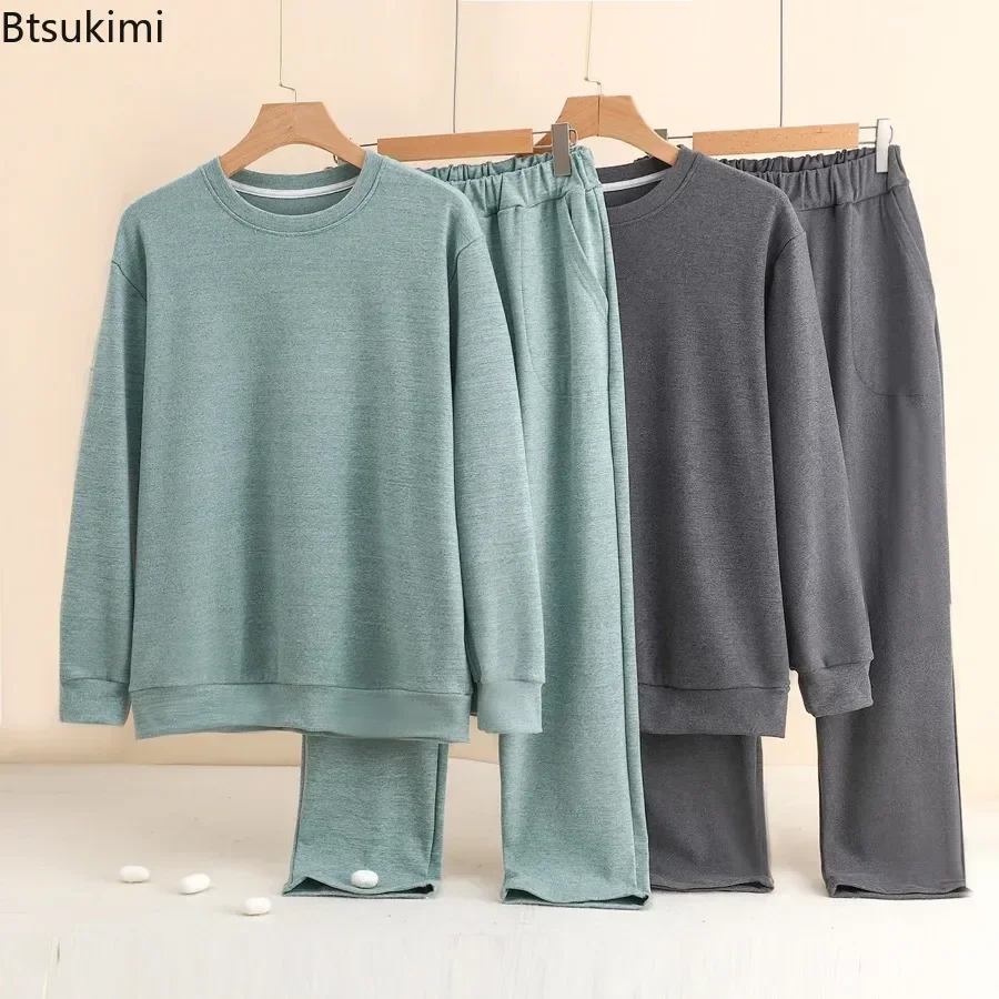 

Autumn Winter Men's Long Sleeve Thick Pajamas Sets Soft Comfortable O-neck Pullovers+Pants Home Two Pieces Male Lounge Sleepwear