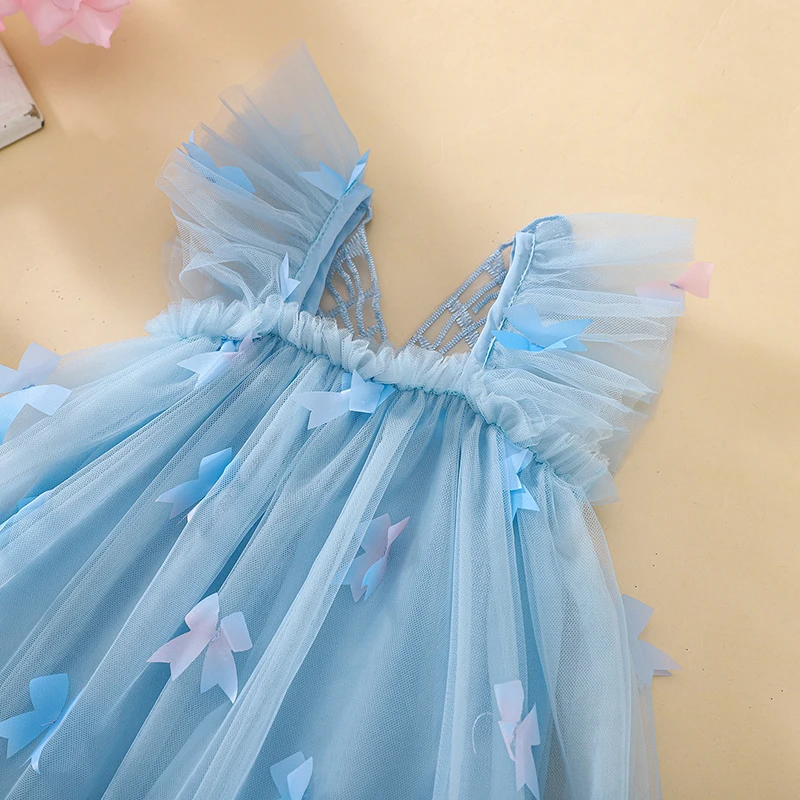 Adorabile abito da principessa in tulle per bambine con ali scintillanti e dettagli con fiocco per abiti estivi da festa in spiaggia - Elegante e