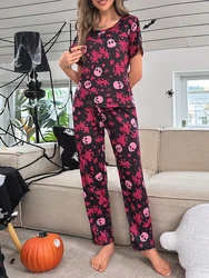 Women’s Halloween Pajama Set Long Sleeve Skull Floral Print Tops and Pants Set Oversized Loungewear Home Suits