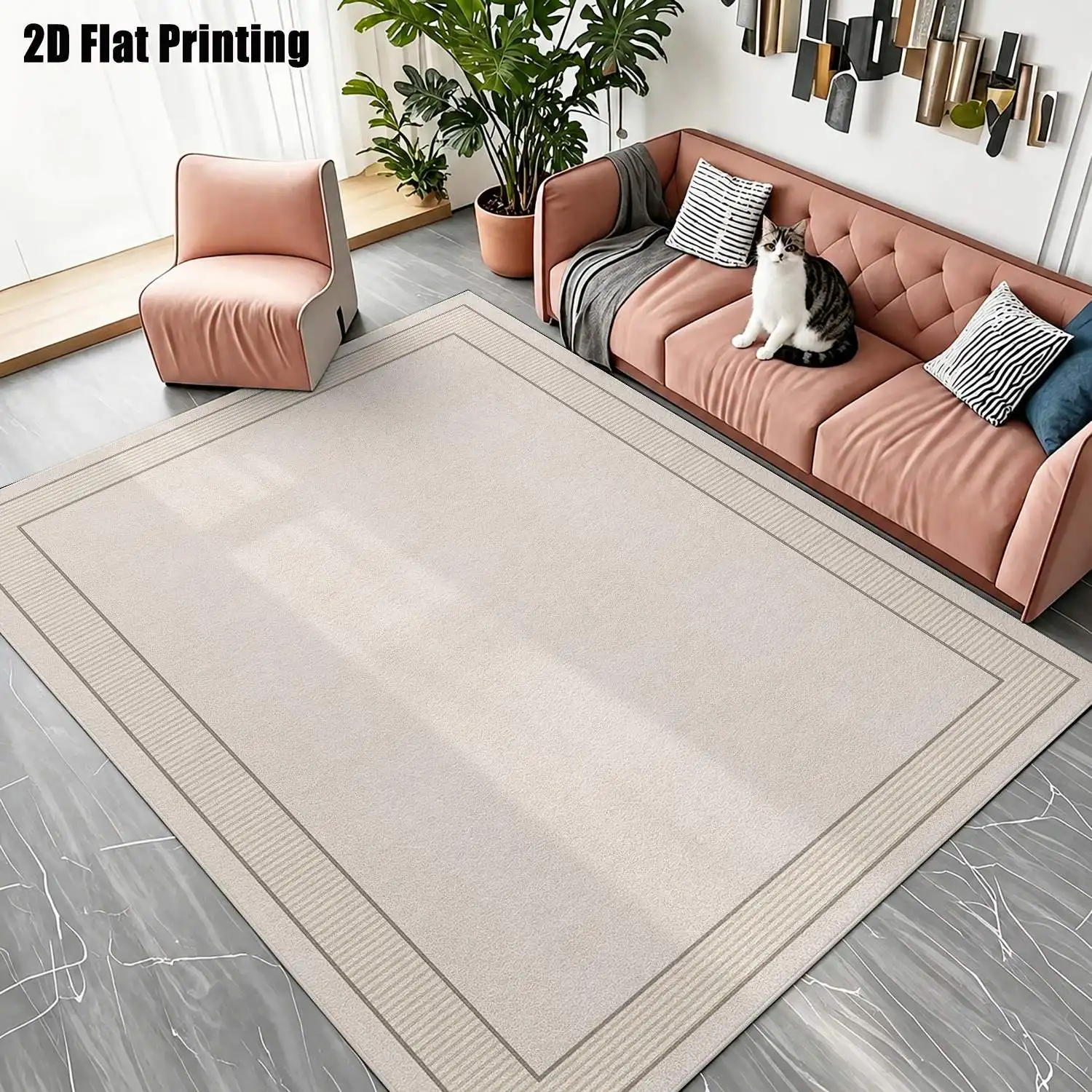 1Pc 2D Printed Beige Geometric Striped Nordic Modern Minimalist European Home Decor Carpet, Multiple Sizes, Machine Washable, Suitable for Entrance, Dining Room, Foyer, Bedroom, Living Room