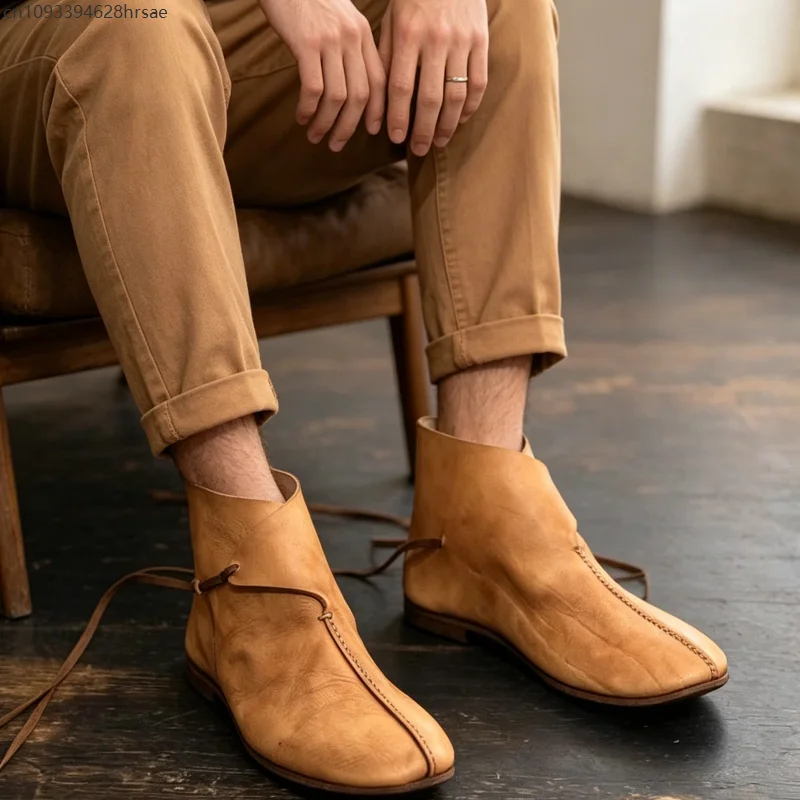 

Back Lace-up Soft Casual Flat Round Toe Medieval Prince Cosplay Renaissance Brown Short Boots Men Retro Daily Walk Black Shoes