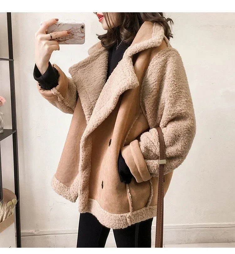 Abrigo de lana de oveja para mujer, chaqueta gruesa de piel, abrigo cálido de gran tamaño, ropa de calle de talla grande, Tops de otoño e invierno