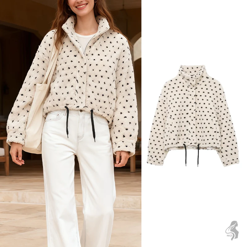 

Womens Polka Dot Fleece Jacket Short Drawstring Zipper Women S Jacket Fashionable And Versatile Everyday Commuting Casual Wear