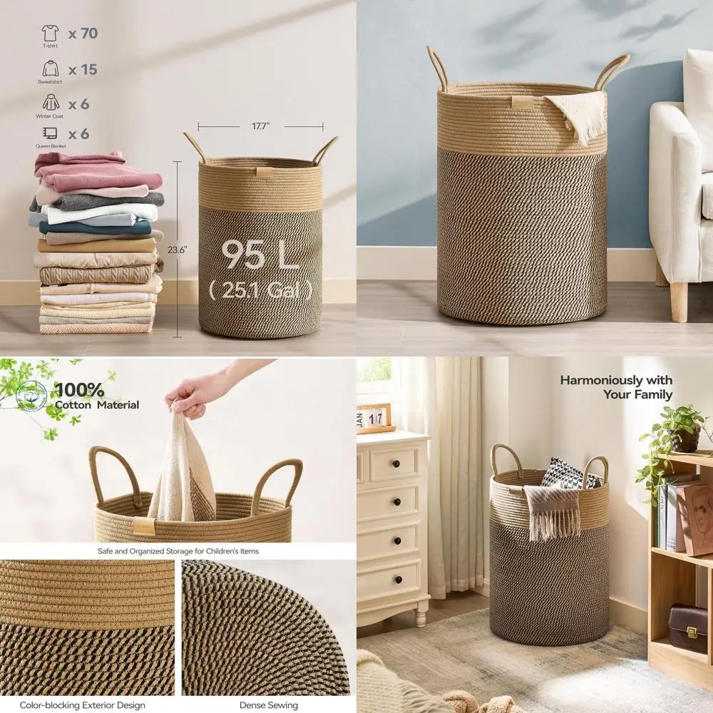 

Laundry Hamper 95L,Large Laundry Basket for Clothes,Decorative Storage Basket for Blankets,Cotton Rope Woven basket for bedroom,