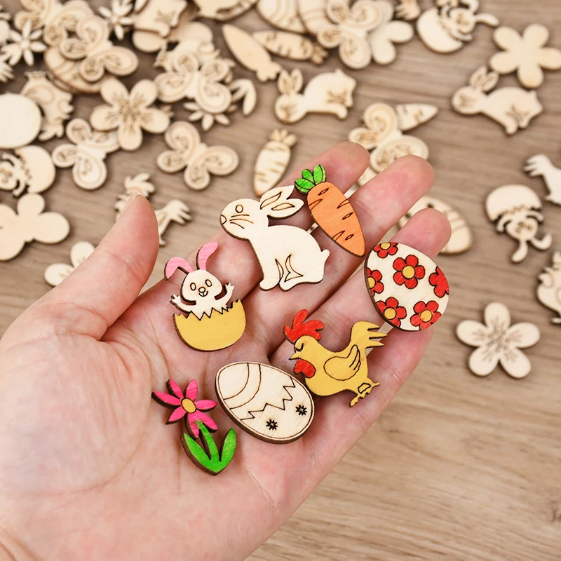 50/100 Stück Ostern Holzhandwerk Ornament Kaninchen Eier Kinder Malerei DIY Holzscheibe 2025, Frühling Ostern Party Home Tischdekoration – Detail 4