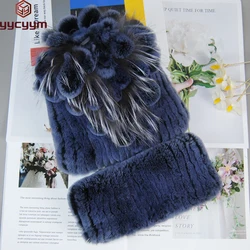 Winter Warm Knit Real Fur Scarf Hat Genuine Rex Rabbit Fur Scarves Hats Set Good Elastic Women Real Rex Rabbit Fur Muffler Caps