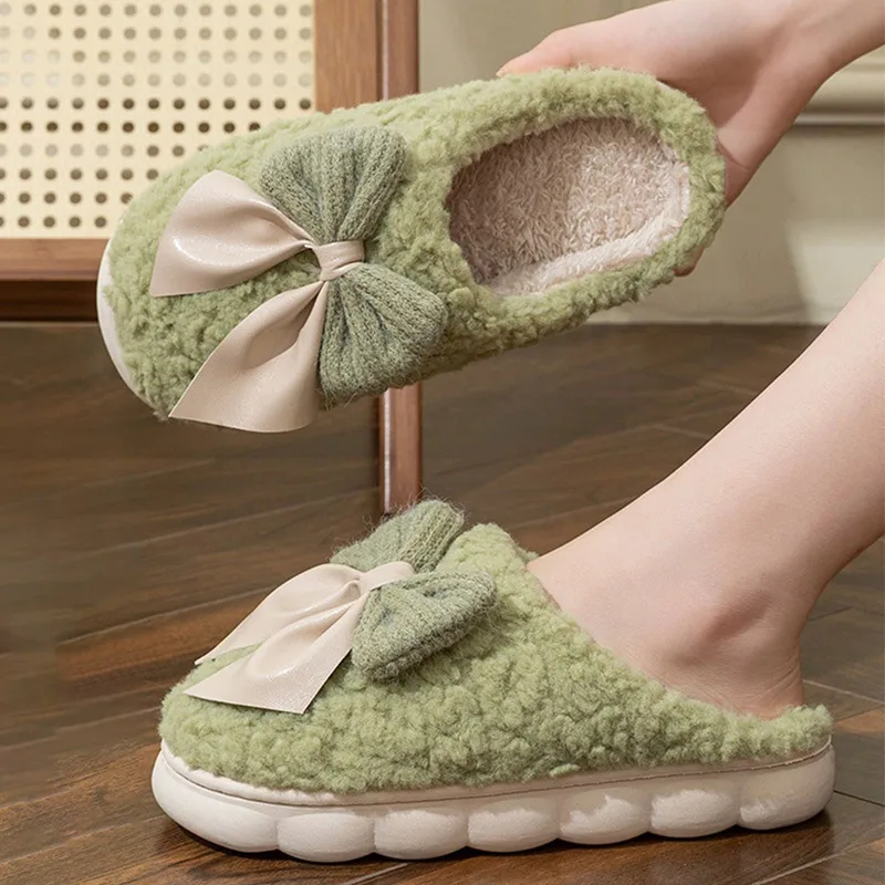 

Women's Cotton Slippers with Bow Design Warm Thick Soled Non-Slip Plush 2025 New Home Slippers for Autumn and Winter