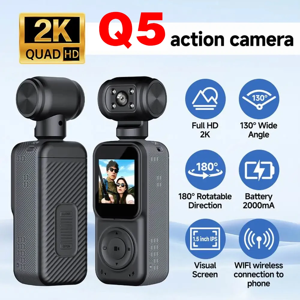 

Спортивная камера Q5 Full HD 2K, карманная экшн-камера с Wi-Fi 180 ° Вращающийся направление с функцией ночного видения Велосипедный шлем Мотоцикл