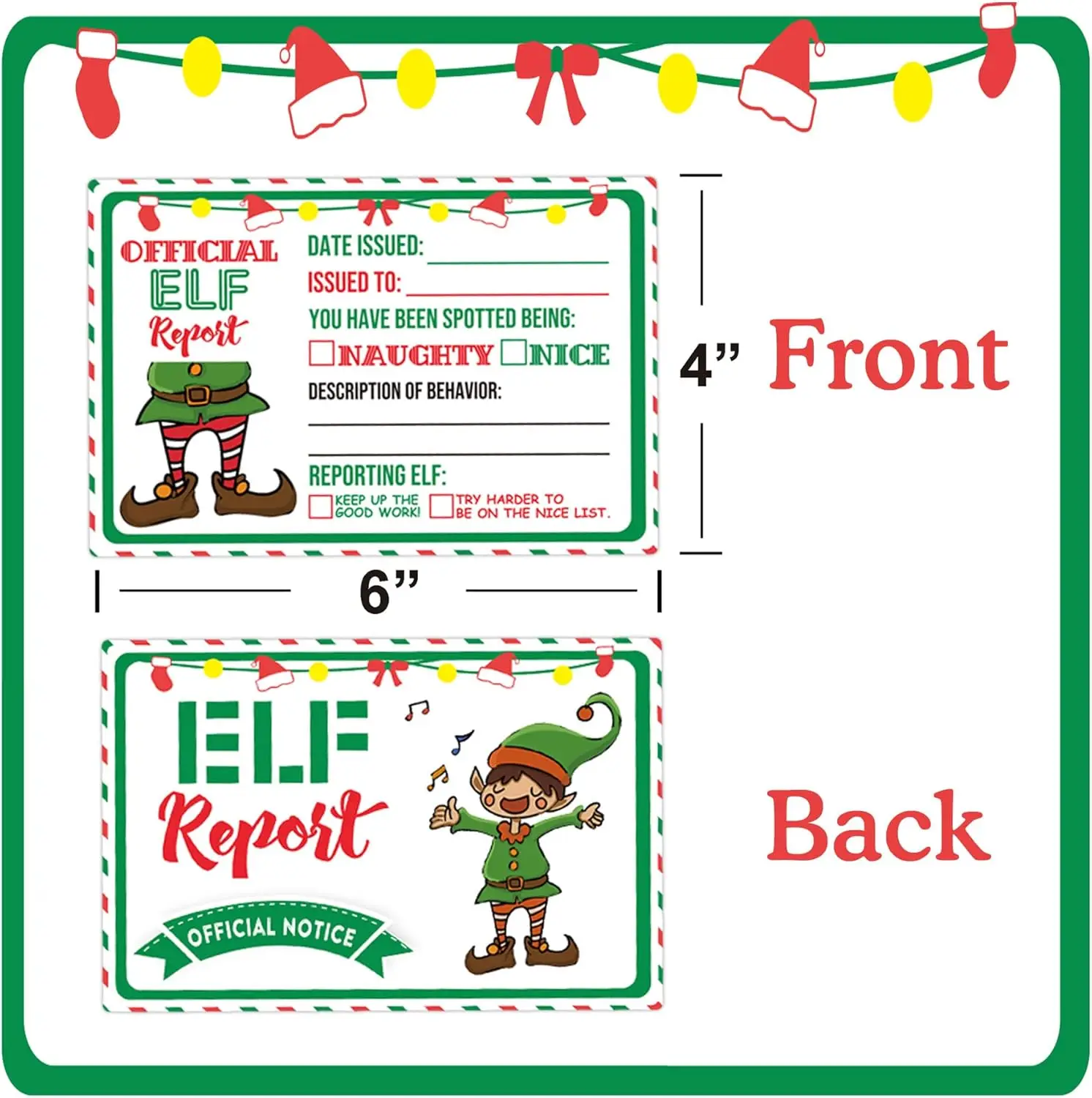 Official Elf Reports North Pole Elf Christmas Cards 4 x 6 Inch Elf Report Naughty and Nice Behavior Xmas Note Card 10pcs