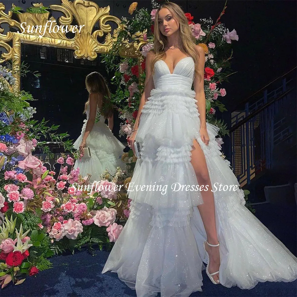 

Sunflower Sparkling V-Neck Ball Gown A-LINE Evening Dress Tiered Tulle Floor-Length Party Dress 2023 Zipper Wedding Dress