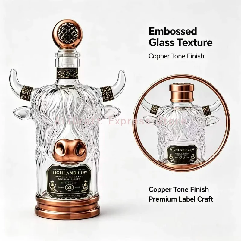 3D Highland Cow Crystal Whiskey Decanter with Gift Box, Decorative Bourbon Scotch Liquor Bottle, Collectible Home Barware