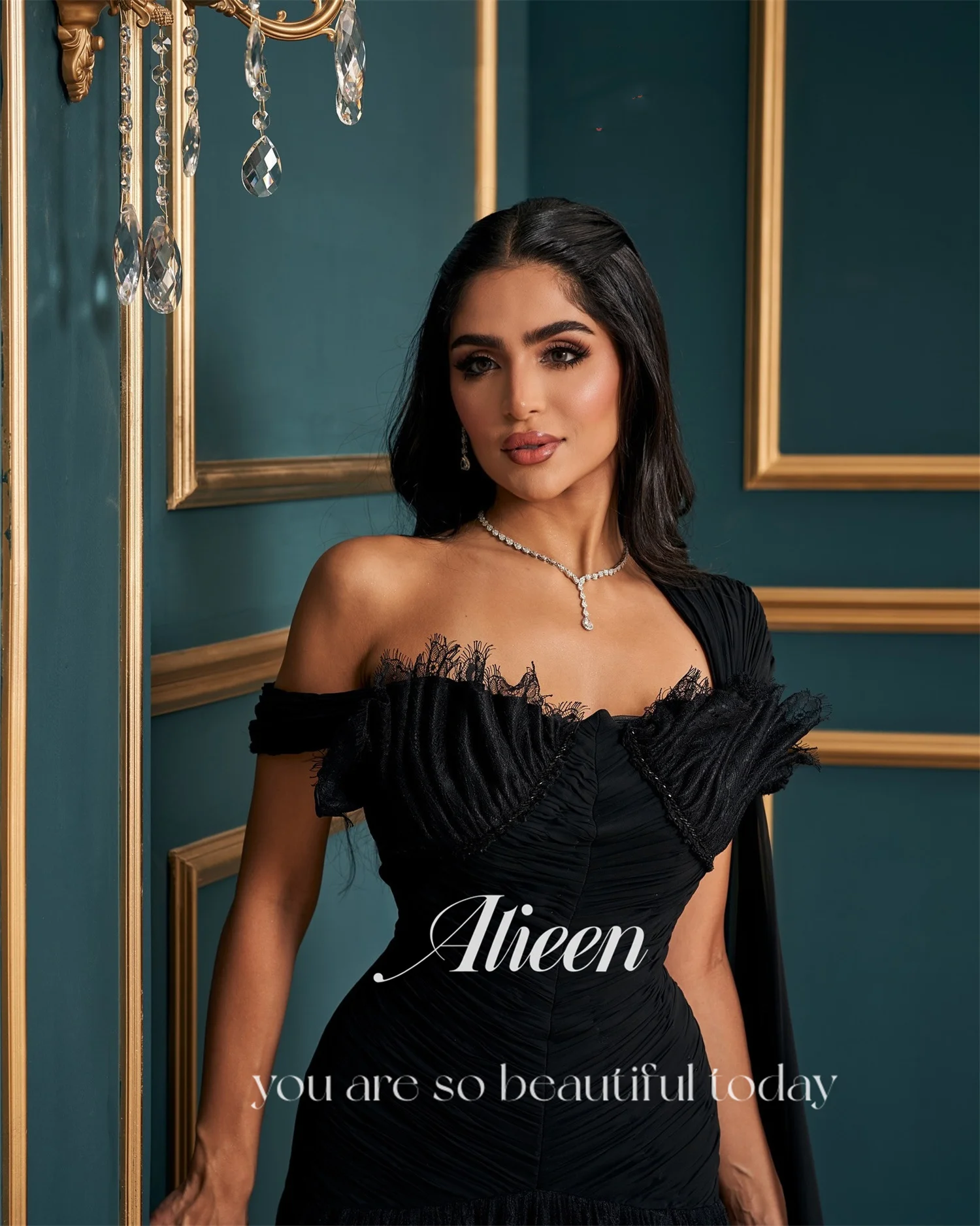 Aileen فسات Mohamedacomة Luxe avondjurken voor dames 2025 Luxe zwarte vestidos de festa zeemeermin op maat gemaakte off-shoulder jurk